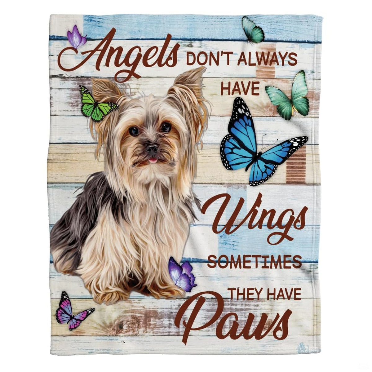 Yorkshire Terrier throw blanket featuring a pup with colorful butterflies on rustic blue shiplap wood.