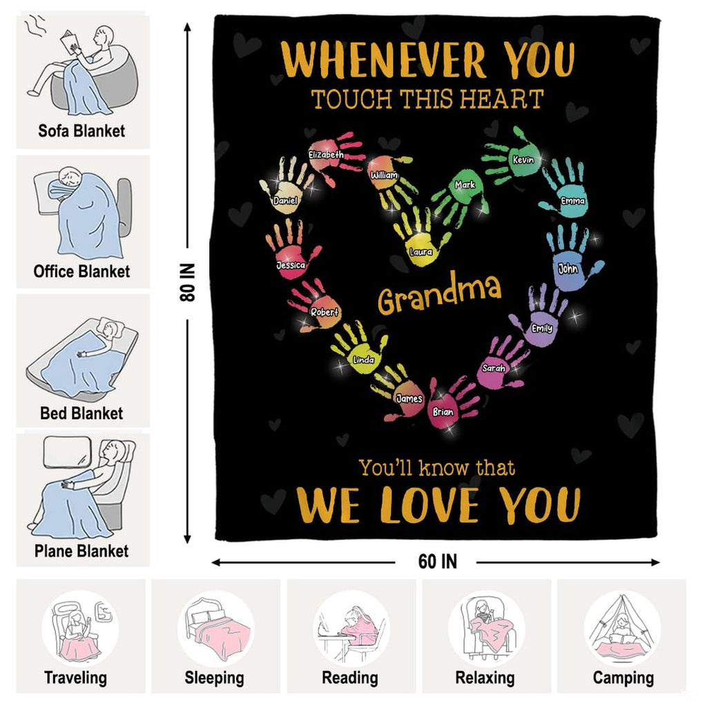 Overhead view of colorful handprint wreath bedding set with thematic accent golden typography framing the top and bottom.