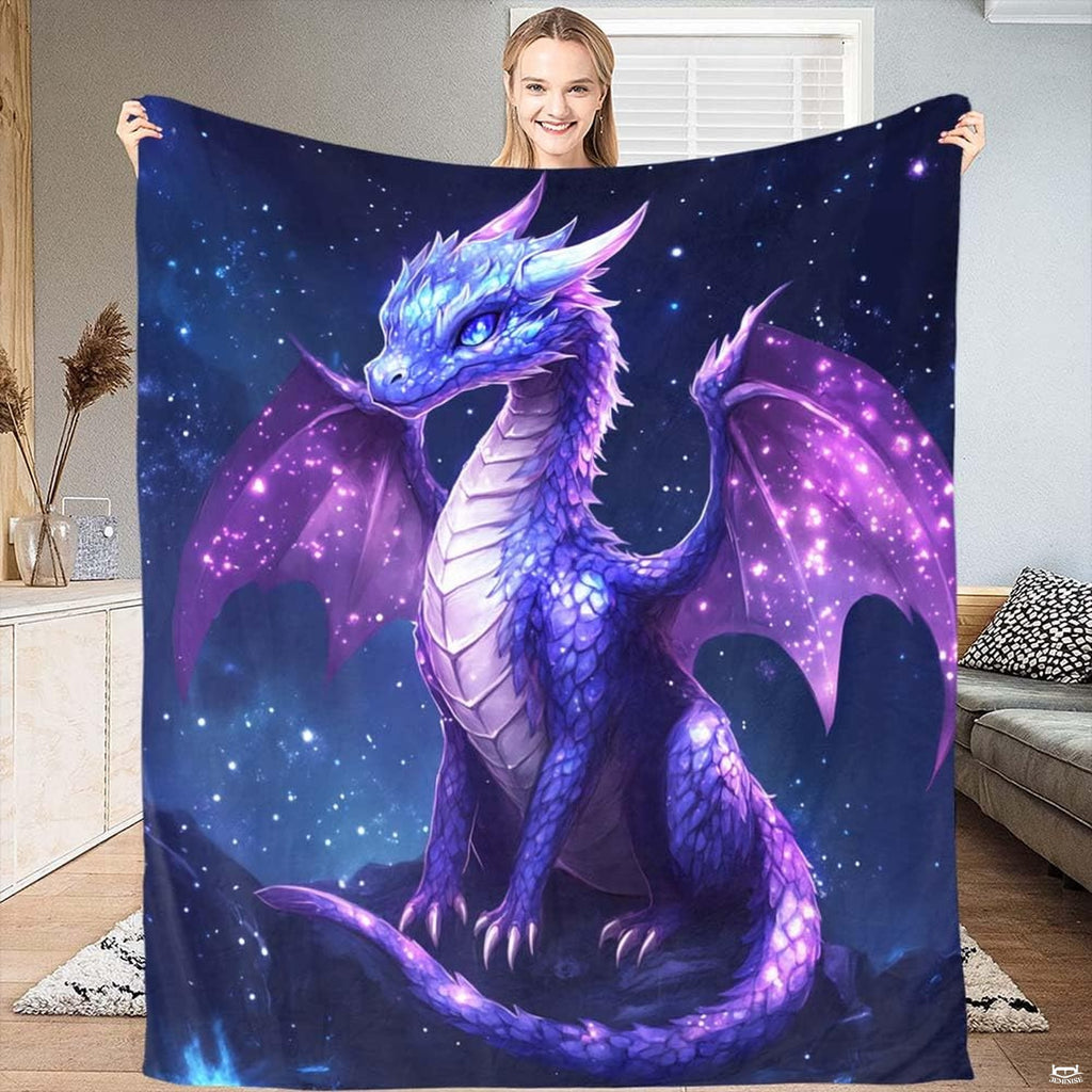 Celestial purple galaxy dragon throw blanket featuring dragon with starry nebula wings on cosmic night