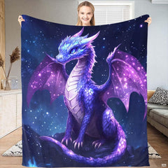 Celestial purple galaxy dragon throw blanket featuring dragon with starry nebula wings on cosmic night