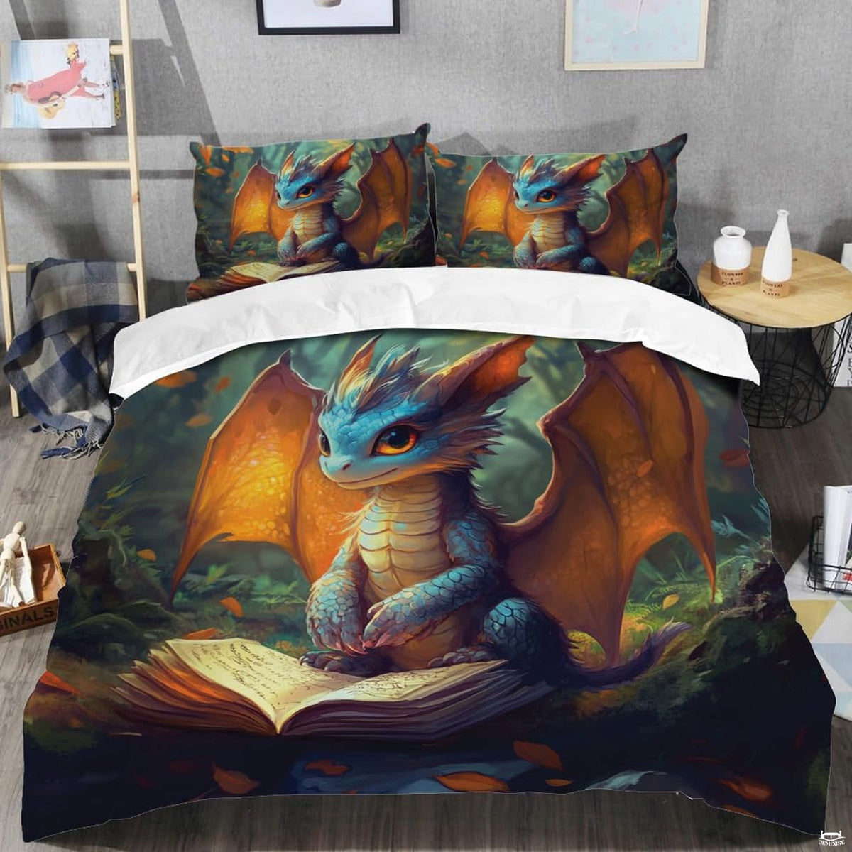 Fantasy dragon book bedding in a modern bedroom