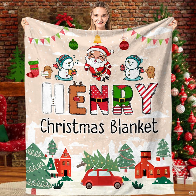 Festive Christmas village Santa snowman blanket held before holiday tree