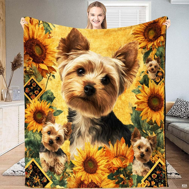 Yorkshire Terrier throw blanket featuring an alert center dog and puppies surrounded by blooming golden sunflowers