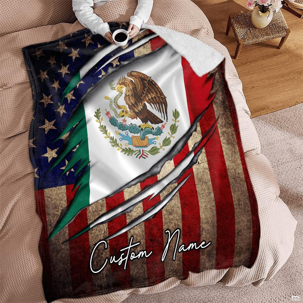 Mexican American ripped flag design with Mexican eagle crest and stars and stripes, view 6.