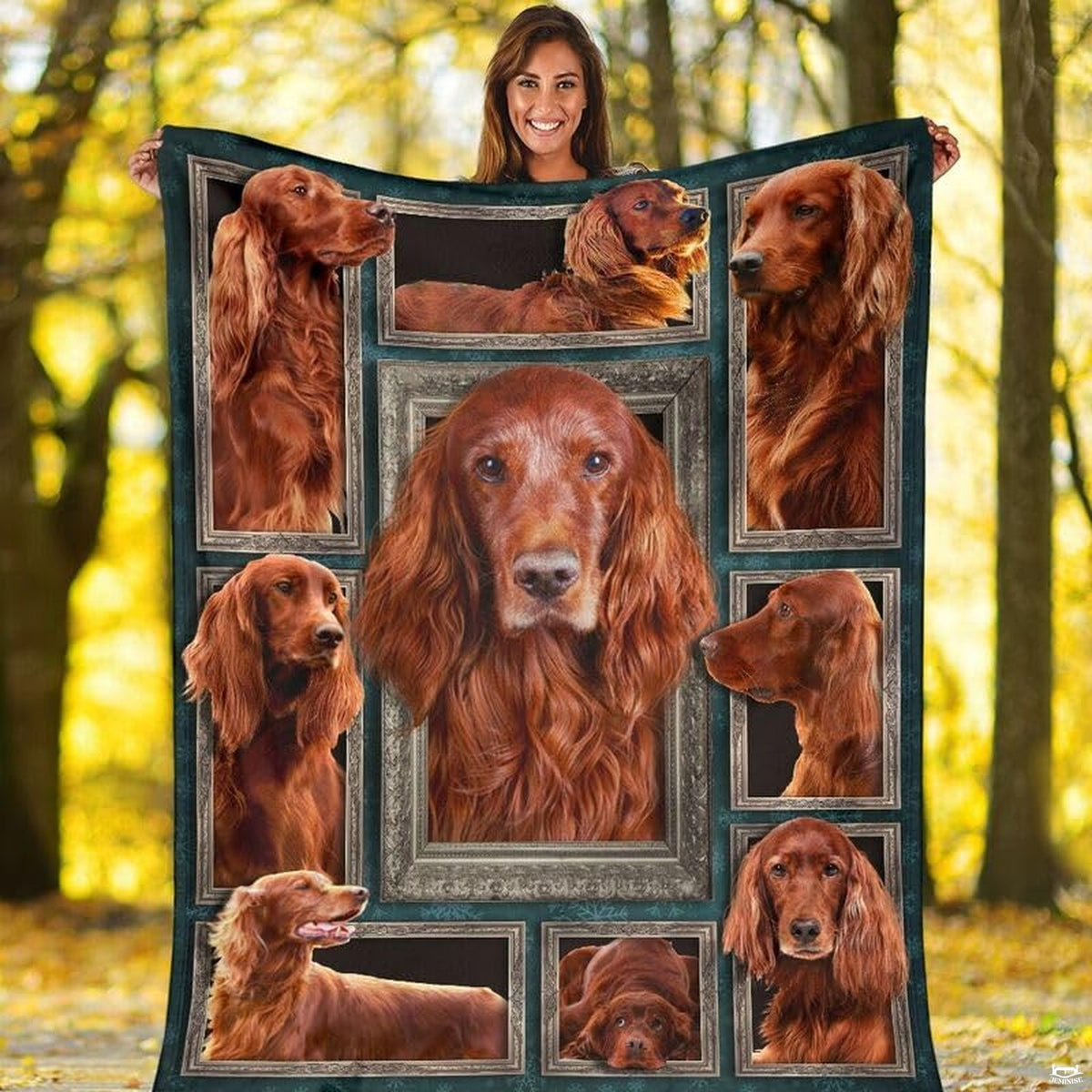 Outdoor view of a model holding up the full Irish Setter gallery throw blanket.
