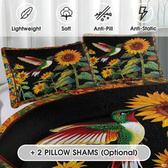 Close view of hummingbird pillows with bright yellow sunflowers