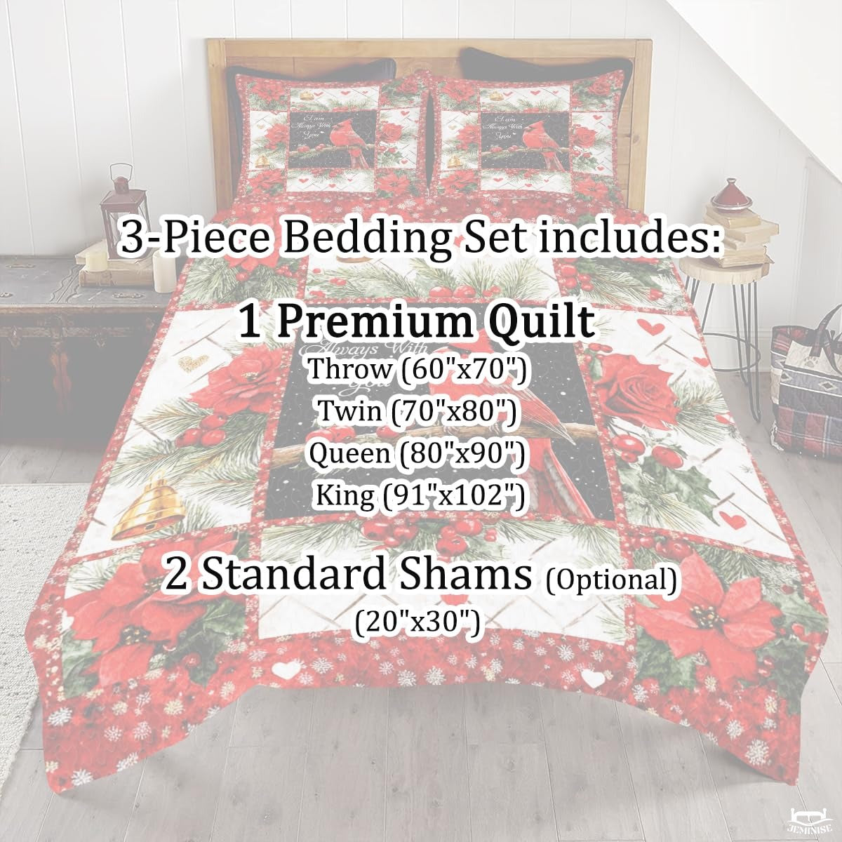Christmas Cardinal on Branch Within Patchwork Winter Quilt