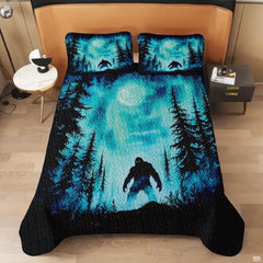 Folded wilderness bedding set displaying Sasquatch silhouette beneath glowing aurora skies and starry nights.
