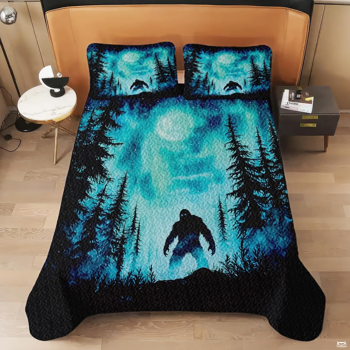 Folded wilderness bedding set displaying Sasquatch silhouette beneath glowing aurora skies and starry nights.
