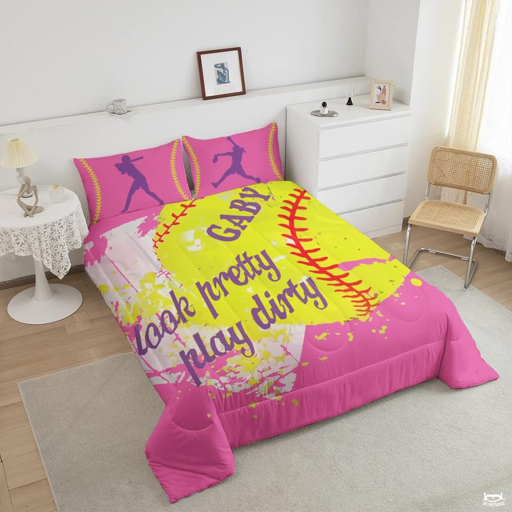 Softball Bedroom Decor Bedding Set – Vibrant Teal Yellow Sports Theme Comforter for Girls, Teens, Women Who Love Softball, Twin/Queen/King Size Options