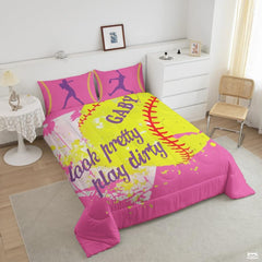 Softball Bedroom Decor Bedding Set – Vibrant Teal Yellow Sports Theme Comforter for Girls, Teens, Women Who Love Softball, Twin/Queen/King Size Options