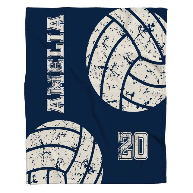 Vintage volleyball bedding set displaying distressed white graphics and jersey numbers on navy.