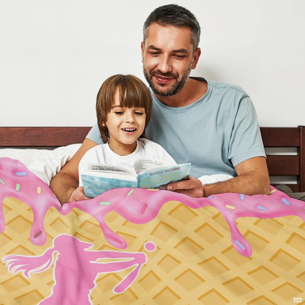 Waffle cone backdrop crowned with dripping pink glaze, sprinkles, and golden-yellow athletic player figures.