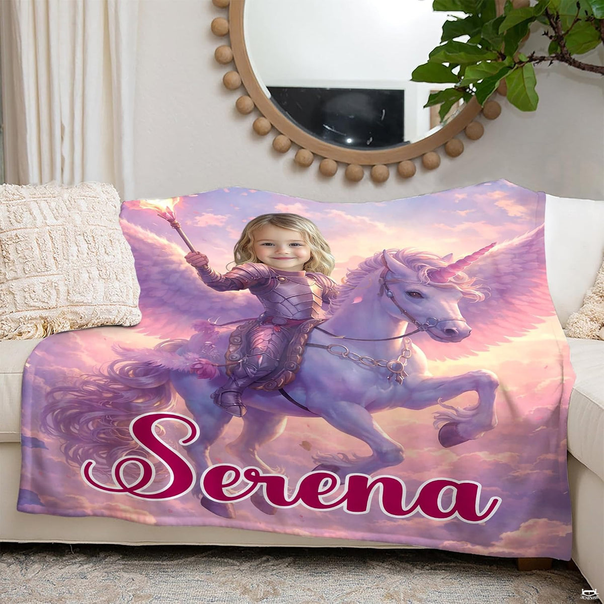 Detailed view of armored knight and unicorn wings on graphic blanket