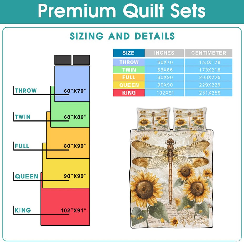 Dragonfly sunflower bedding sizing infographic