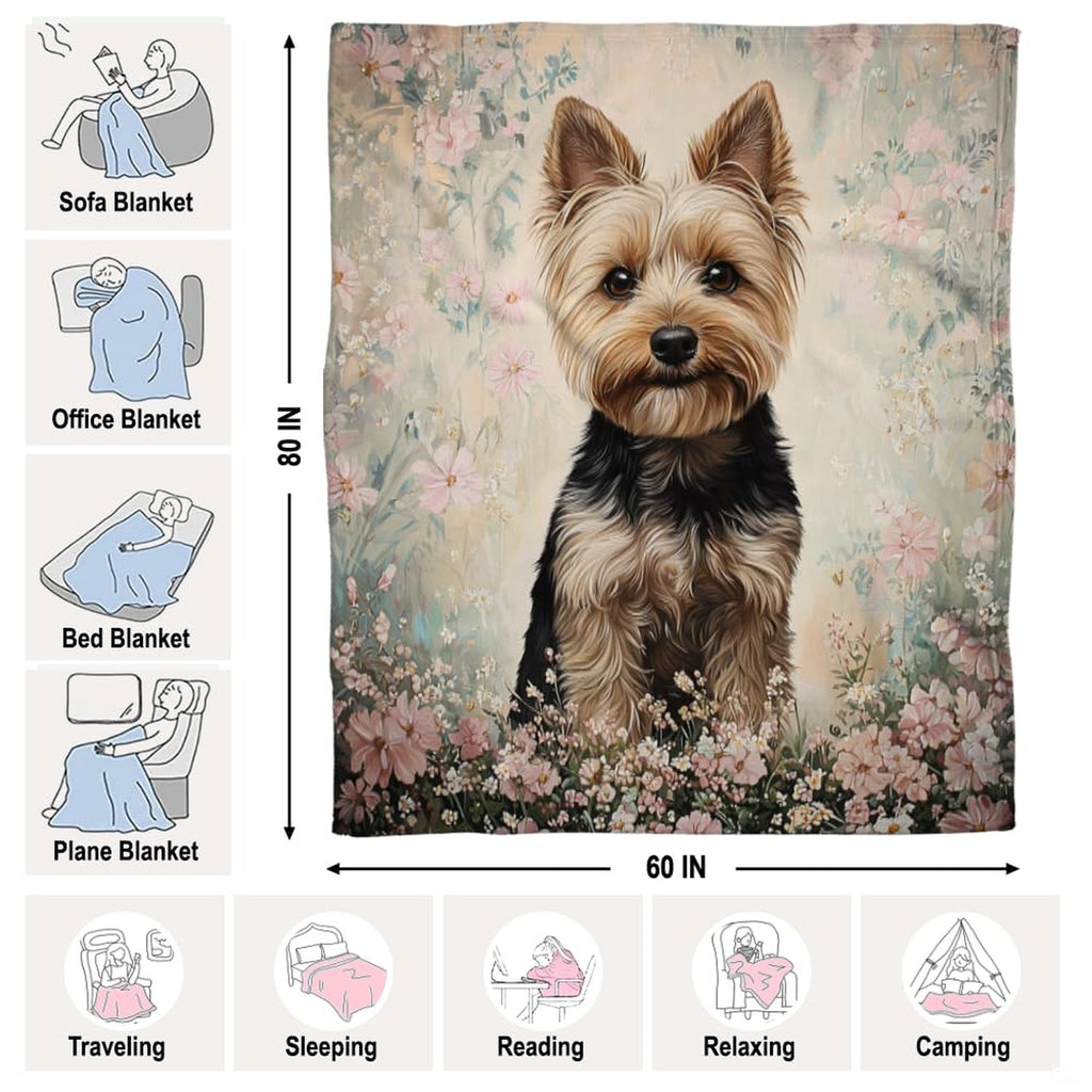 thematic accent room perspective highlighting Yorkshire Terrier floral dog bed pink artistic bedding ensemble.