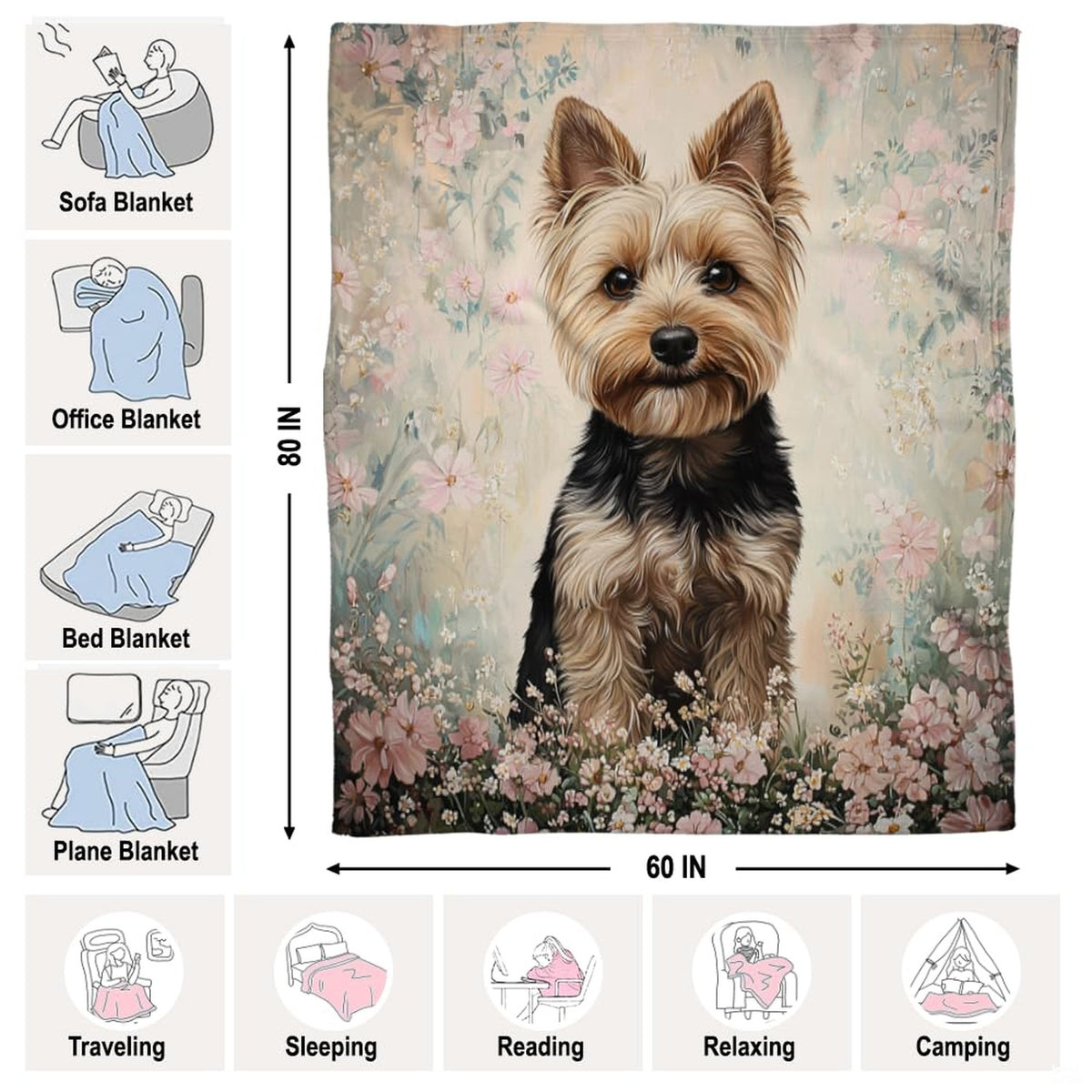 thematic accent room perspective highlighting Yorkshire Terrier floral dog bed pink artistic bedding ensemble.