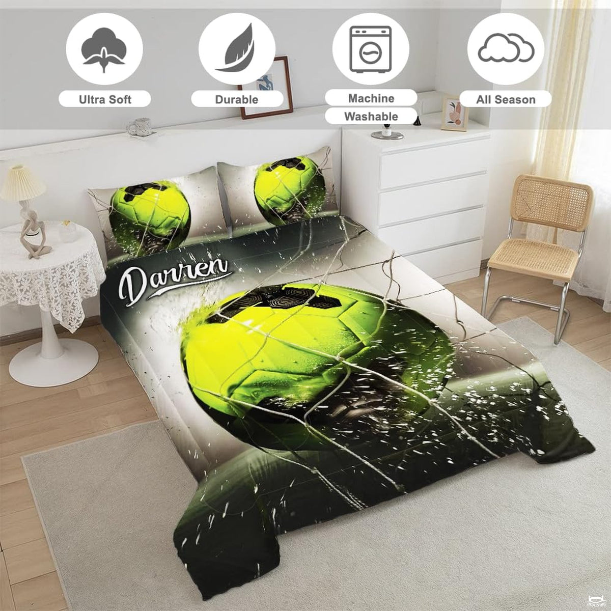 Close-up perspective of neon yellow soccer bedding showing detailed ball panels and stretched net strings