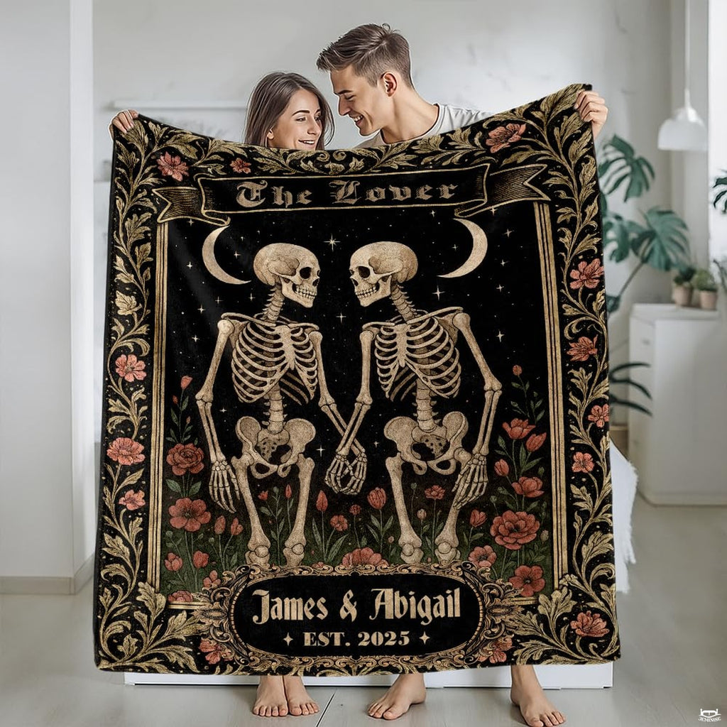 Gothic skeleton couple throw blanket view 2 highlighting red poppies, gold frame, and starry sky