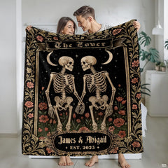 Gothic skeleton couple throw blanket view 2 highlighting red poppies, gold frame, and starry sky