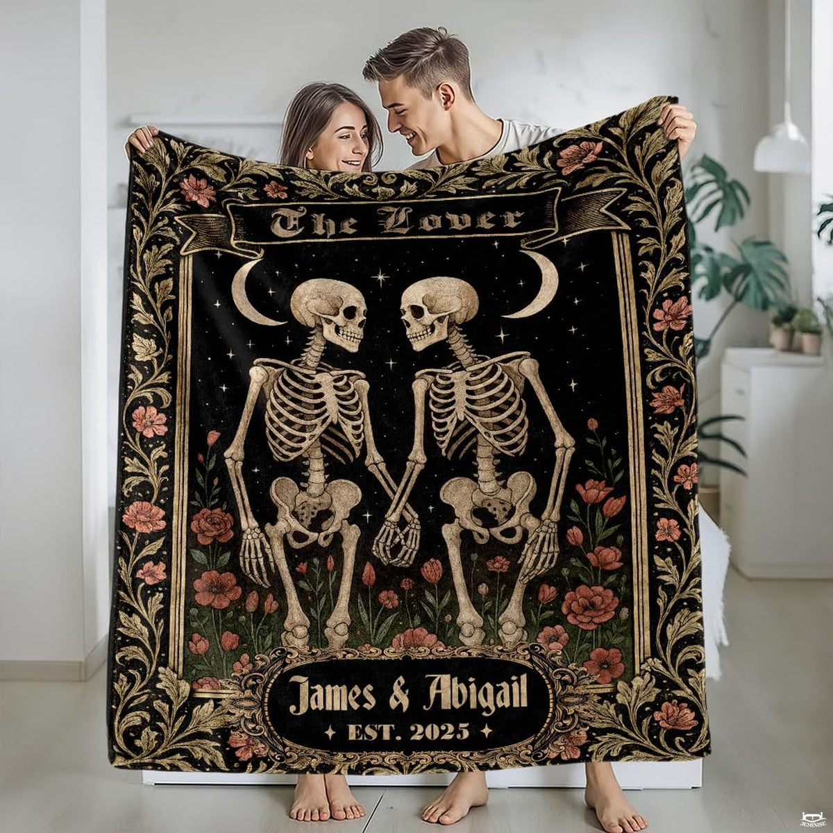 Gothic skeleton couple throw blanket view 2 highlighting red poppies, gold frame, and starry sky