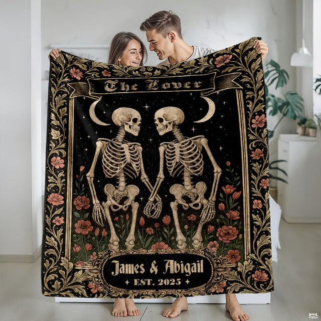 Gothic skeleton couple throw blanket view 2 highlighting red poppies, gold frame, and starry sky