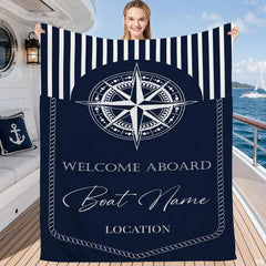 Navy coastal bedspread set featuring an eight-pointed compass rose and cabana stripes.