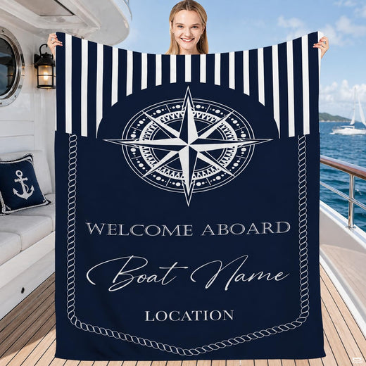 Navy coastal bedspread set featuring an eight-pointed compass rose and cabana stripes.