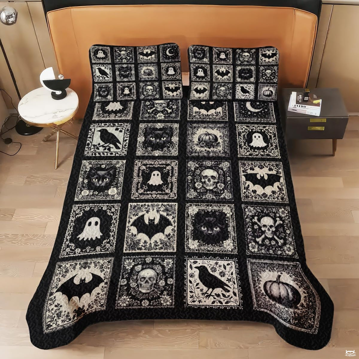 Coordinated bedroom arrangement featuring gothic Halloween bedding and matching pillow covers