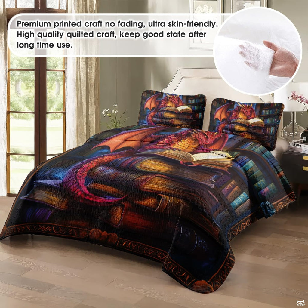 Reading dragon artwork displayed across a bed in a bright room