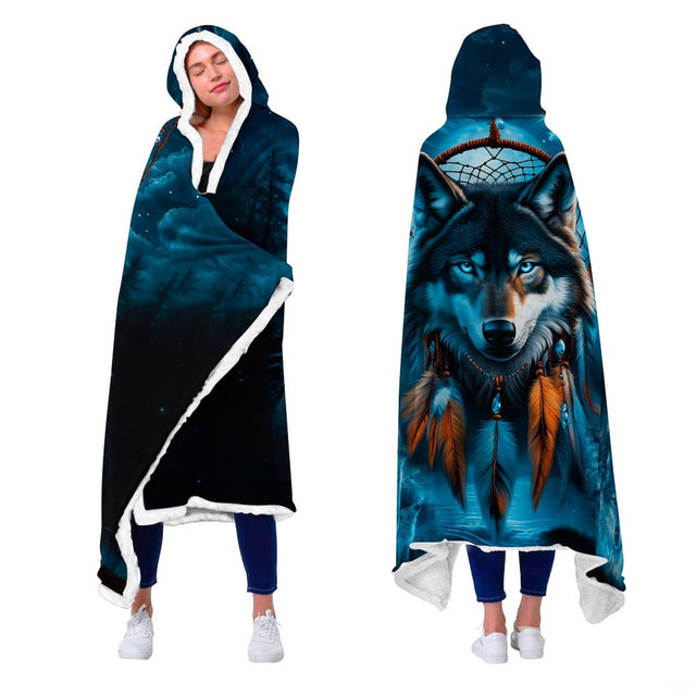 Front and back view of model wearing the mystical wolf dreamcatcher wildlife hooded blanket.