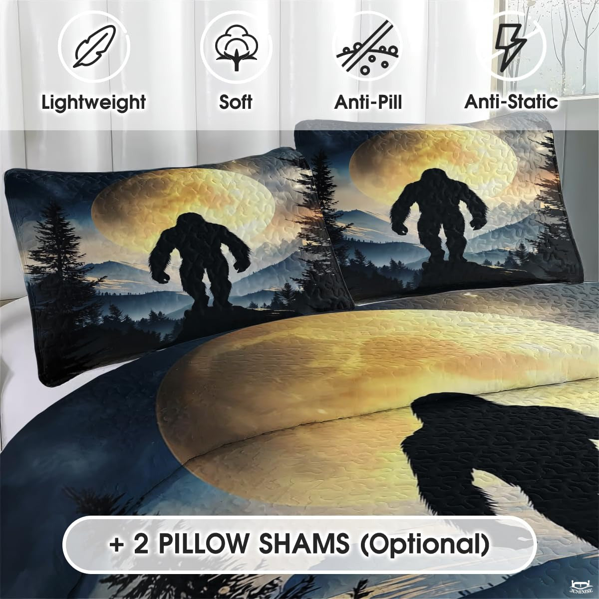 Personalized Bigfoot Moon Mountain Night Quilt Set, Machine Washable