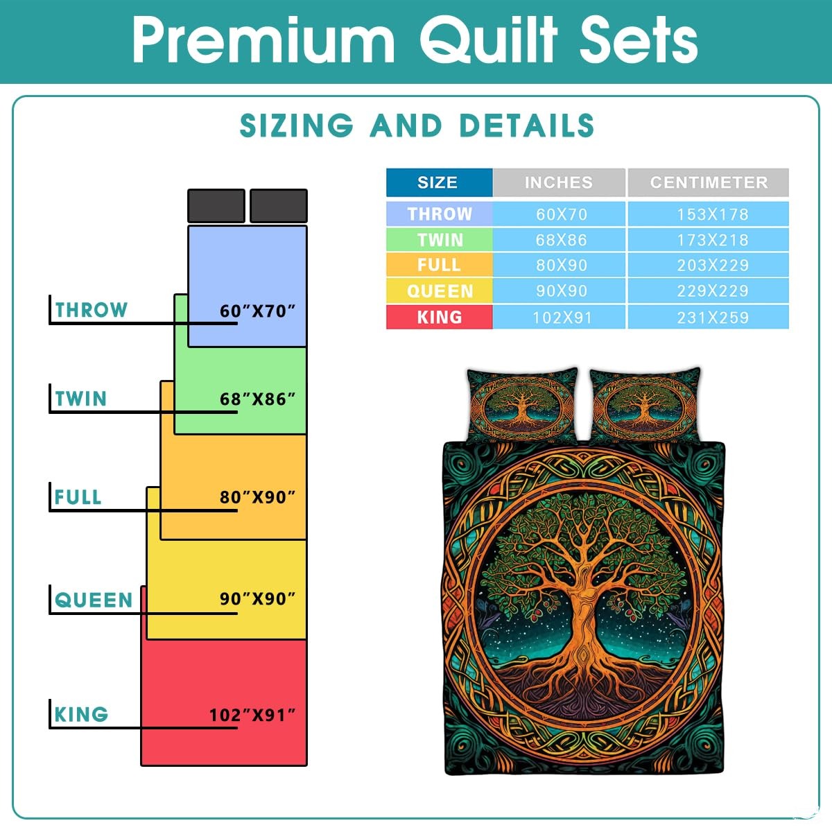 Personalized Colorful Celtic Tree of Life Quilt Sets, Machine Washable