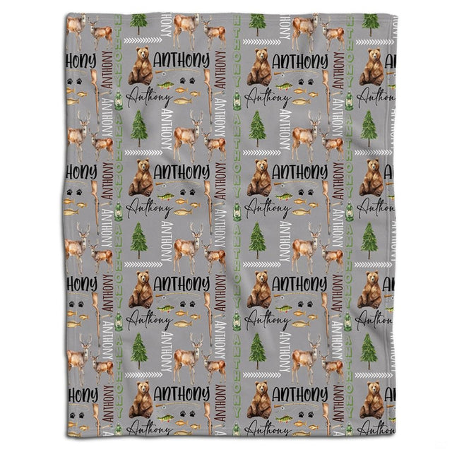 Wilderness wildlife bedding set featuring brown bear illustrations, antlers, and pine trees on thematic accent grey...