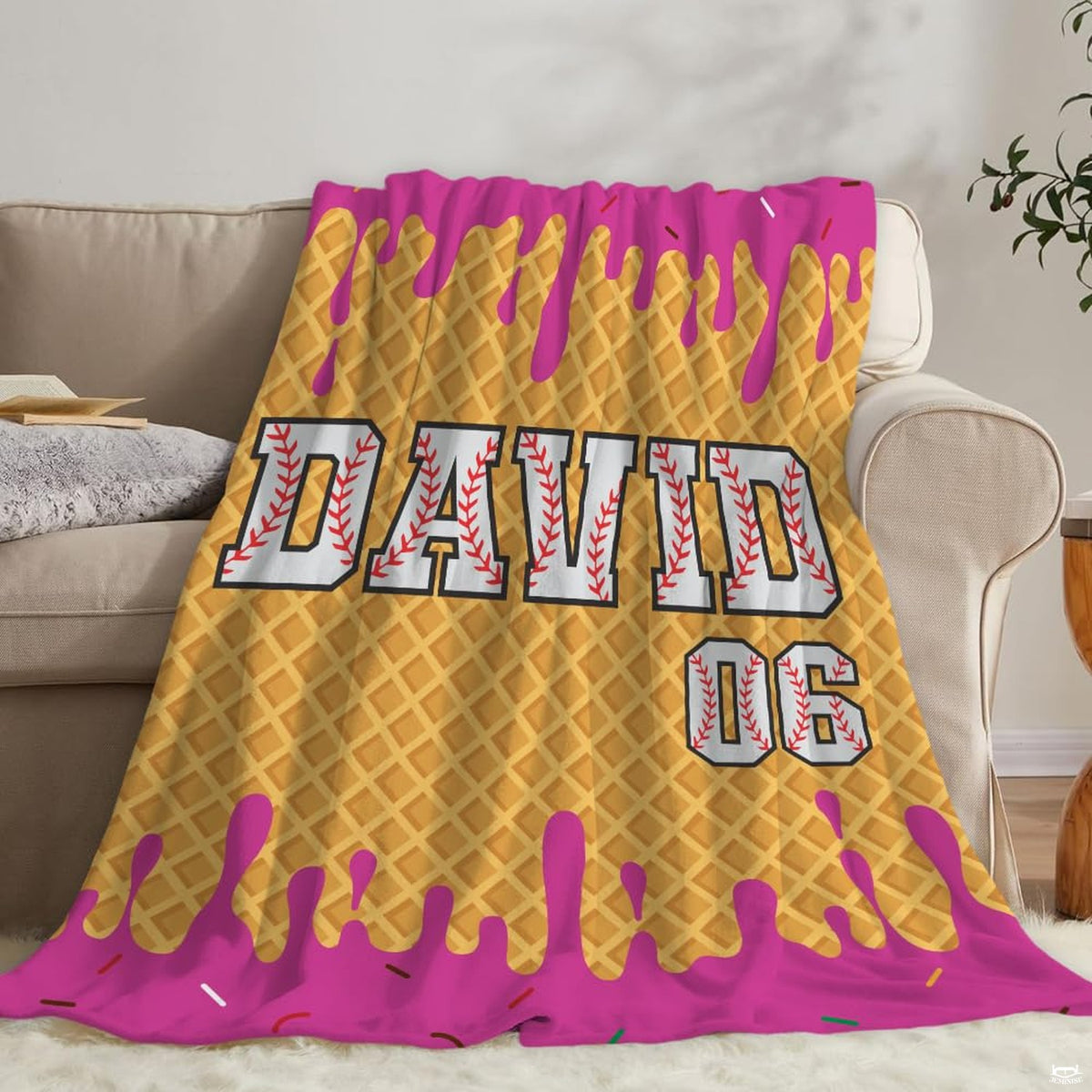 thematic accent graphic presentation of sweet treat bedding with dessert and athletic varsity artwork.