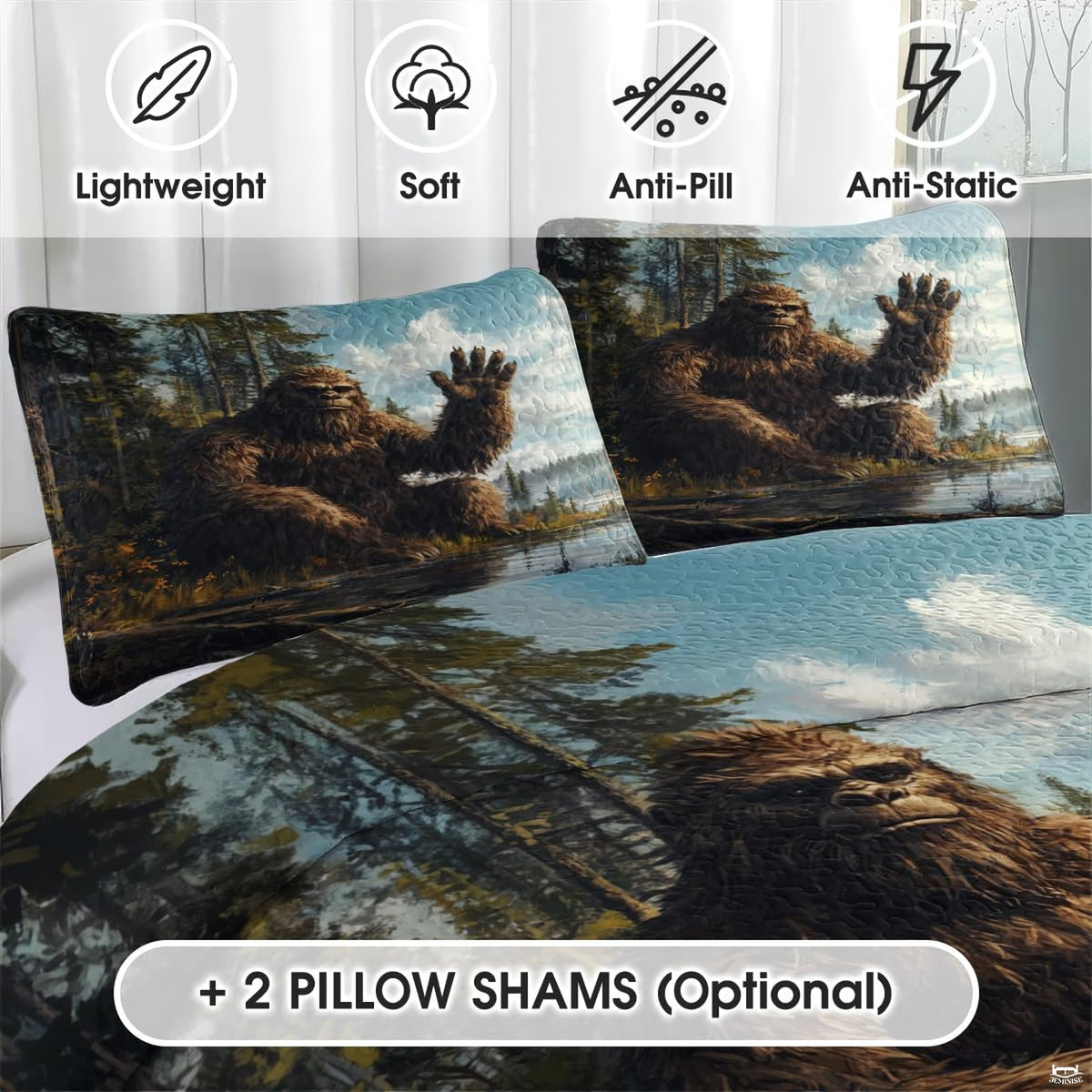 Matching pillow sham detail for Bigfoot bedding set displaying patriotic flag artwork in bedroom setting
