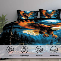 Overhead perspective of soaring eagle and amber thematic accent moon wilderness bedding set