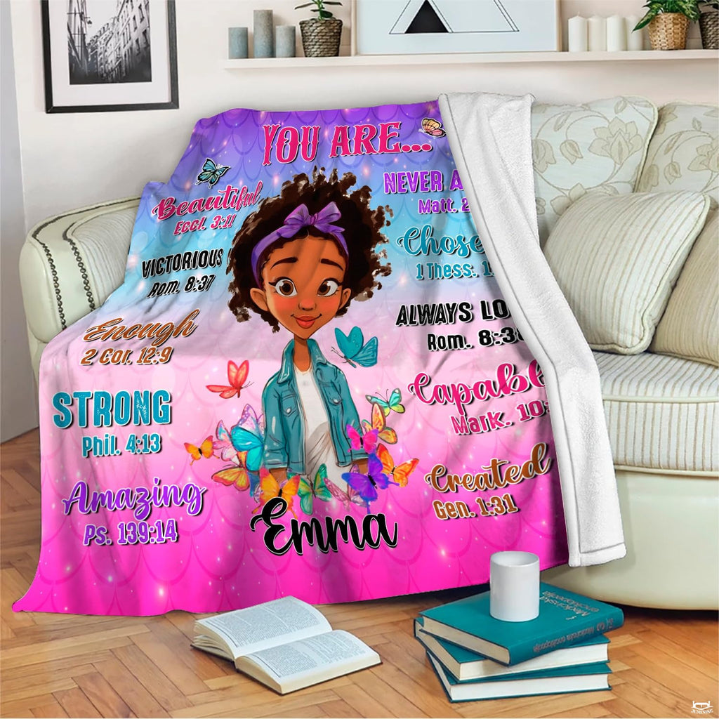 Colorful mermaid scale faith blanket styled across a youth bedroom bed.