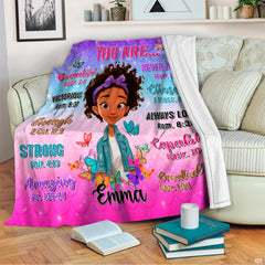 Colorful mermaid scale faith blanket styled across a youth bedroom bed.