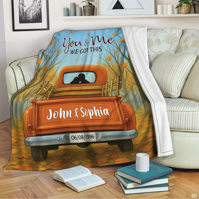 Autumn vintage truck throw blanket view 2 highlighting retro orange pickup, falling leaves, and autumn scenery