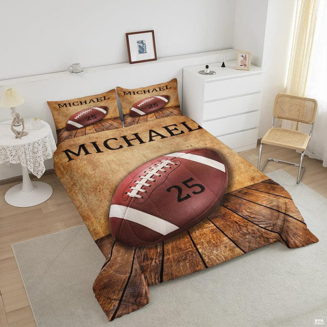 Close-up perspective of soccer bedding detailing bronze energy flares, player silhouette, and typography
