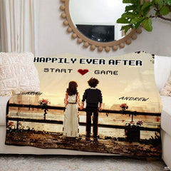 Close perspective of nostalgic pixel couple standing at balcony railing looking toward city sunset.