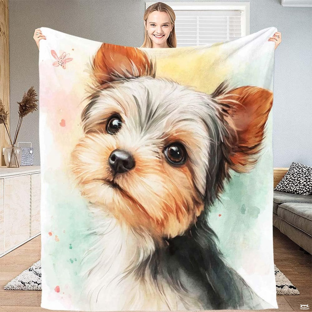 Yorkshire bedding set featuring adorable puppy watercolor illustration on pastel mint background.