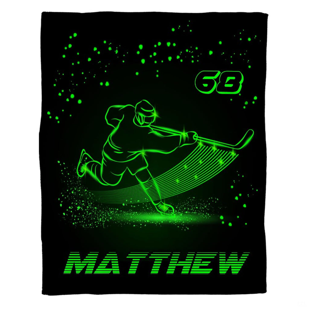 Detailed view of glowing neon hockey player silhouette with dynamic motion lines on neon bedding set.