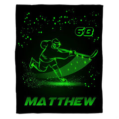 Detailed view of glowing neon hockey player silhouette with dynamic motion lines on neon bedding set.