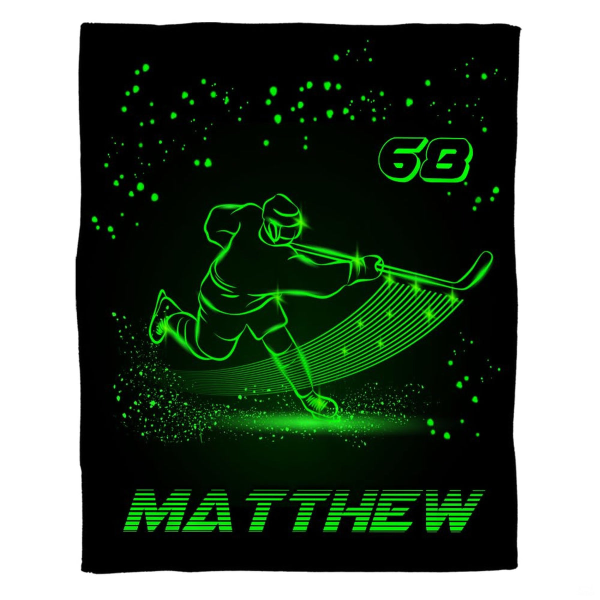 Detailed view of glowing neon hockey player silhouette with dynamic motion lines on neon bedding set.