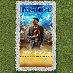 Park lawn setting showing the golden gates tribute blanket displayed with garden urn accents.