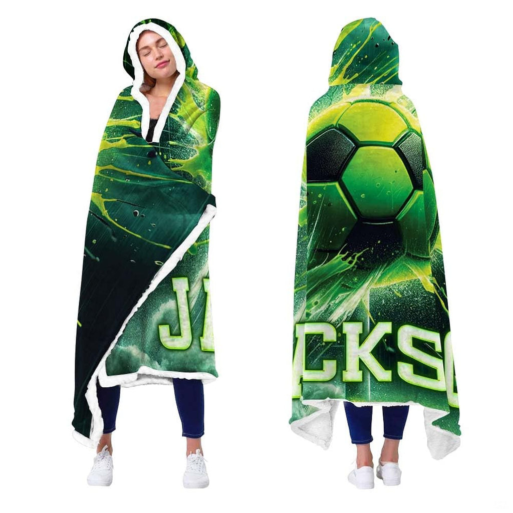 Soccer theme bedding set displayed in modern bedroom setting with vivid green sports aesthetic.