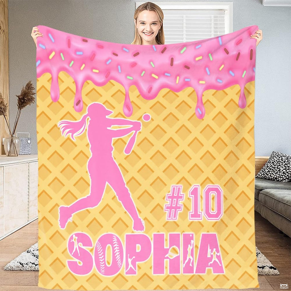 Athletic softball batter mid-swing over waffle cone pattern with dripping pink frosting and multicolored sprinkles.