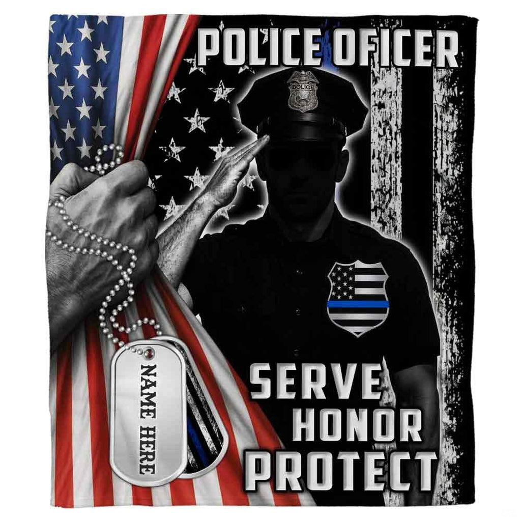 Saluting officer artwork with dog tags and rustic flag backdrop on bedding.